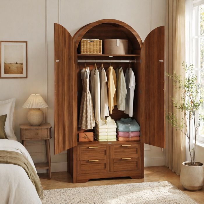 Armoire à Portes Arrondies avec Tringle Étagère et 4 Tiroirs - TCQPZ - en MDF et Rotin Noyer 80 × 50 × 179 cm