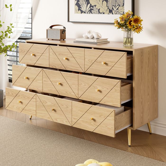 Buffet 120x39x80 cm 9 tiroirs motifs géométriques pieds en fer panneau de particules coloris naturel