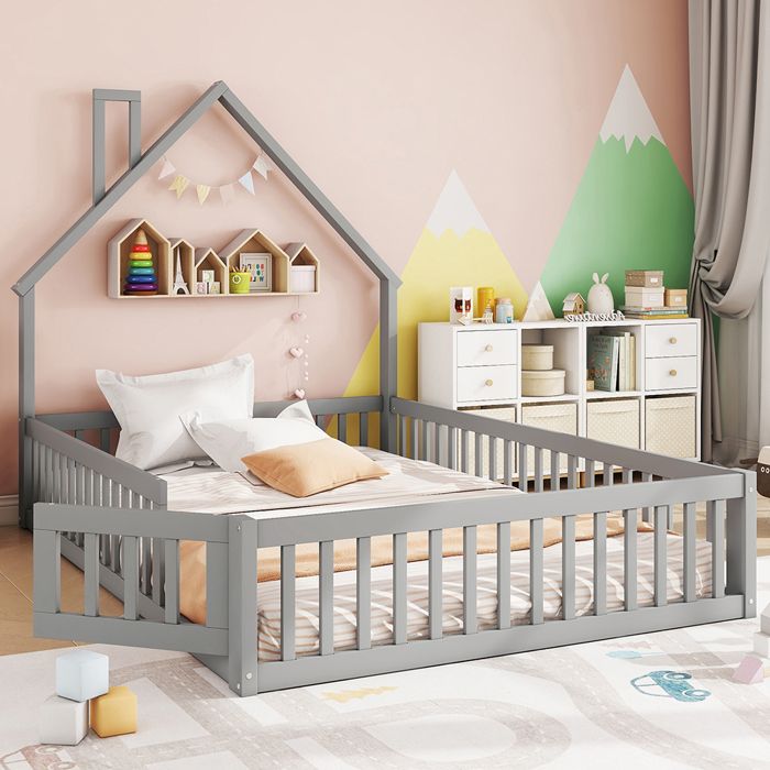 Lit cabane enfant 140 x 200 cm - Lit avec sommier à lattes - Bois massif - Garde-corps sécurité - Design cheminée - Gris