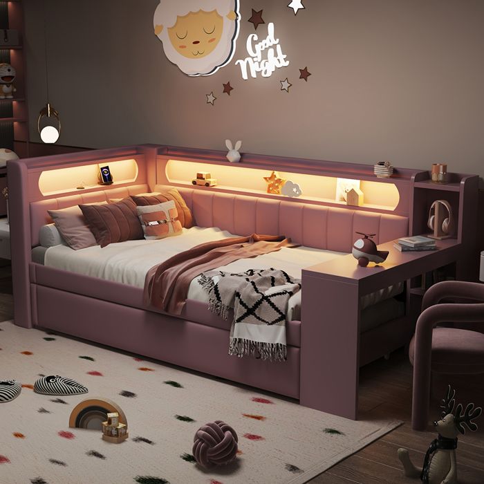 Canapé-lit rembourré 90 x 200 cm avec port USB et bande LED avec lit gigogne et bureau Tissu lin Rose