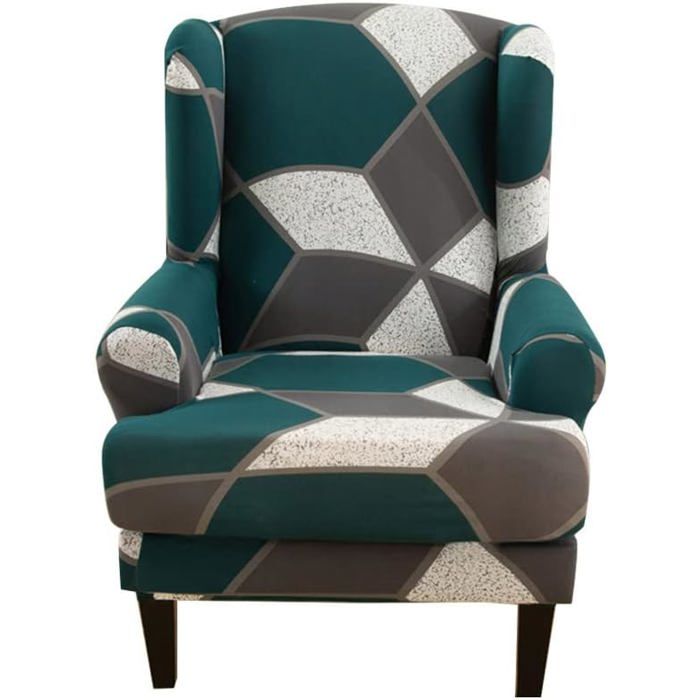 Housse de Fauteuil à Oreilles Extensible 2 Pièces Antidérapante Imprimée avec Coussin en T pour Salon/Hôtel (V HOUSSE DE FAUTEUIL