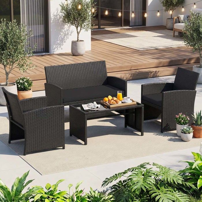 Ensemble de salon de jardin - 4 places - Structure métal thermolaqué - Rotin imperméable noir - Coussins amovibles 5 cm