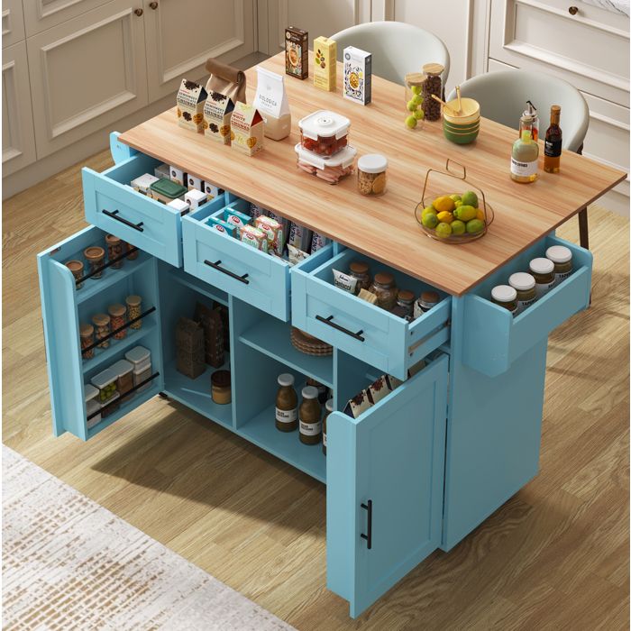Desserte de cuisine avec plateau rabattable EVRYAE 139 x 46(71) x 915 cm 3 tiroirs 2 portes bleu aspect bois