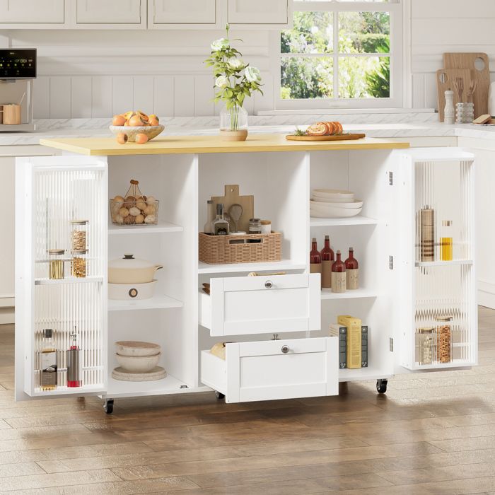 Desserte de cuisine avec plateau rabattable 2 tiroirs roulettes verrouillables blanc bois naturel - UVRION