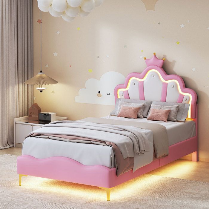 Lit enfant 90x190 cm rose PU lit princesse avec tête de lit couronne LED cadre nuage et sommier à lattes sans matelas