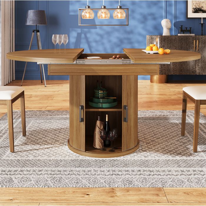 Table à manger extensible 118x118 cm EVRYAE - plateau rond à ovale avec rangement intégré 6 pieds réglables - Noyer