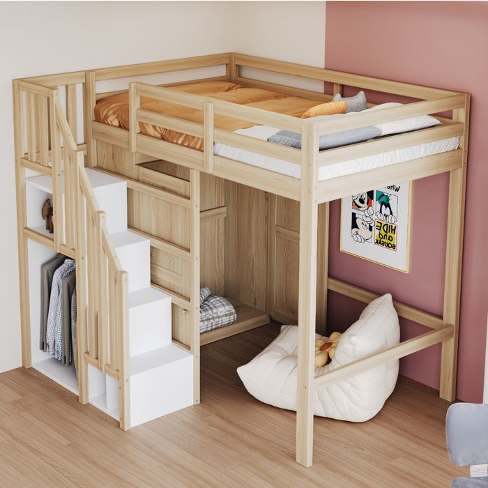 Lit mezzanine 90 x 200 cm - escalier avec rangement armoire intégrée bois naturel