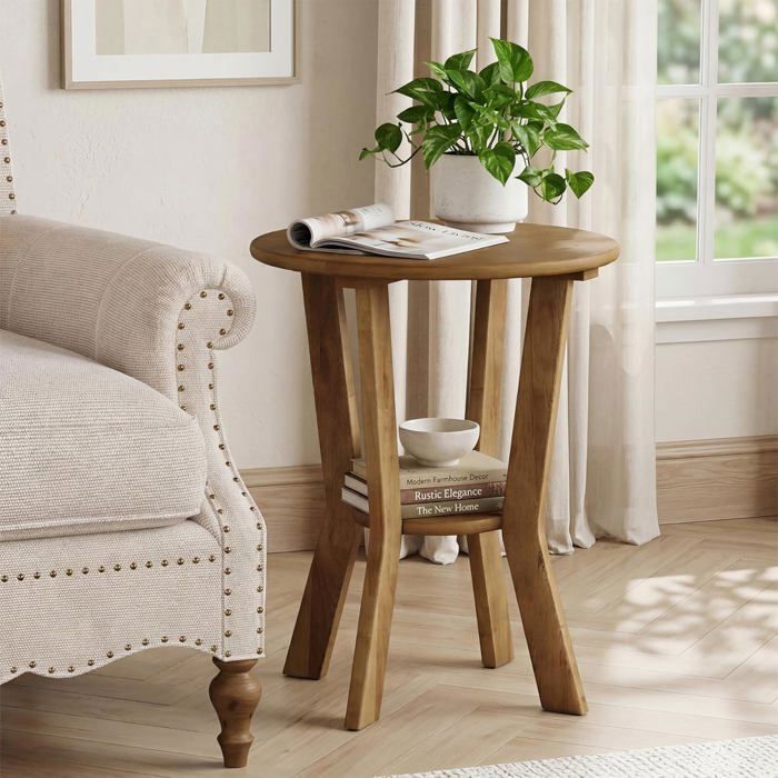 Finmind Table dAppoint Ronde 50×50×60 cm Table Basse à 2 Niveaux Style Campagne Pour Salon Chambre Canapé Noyer