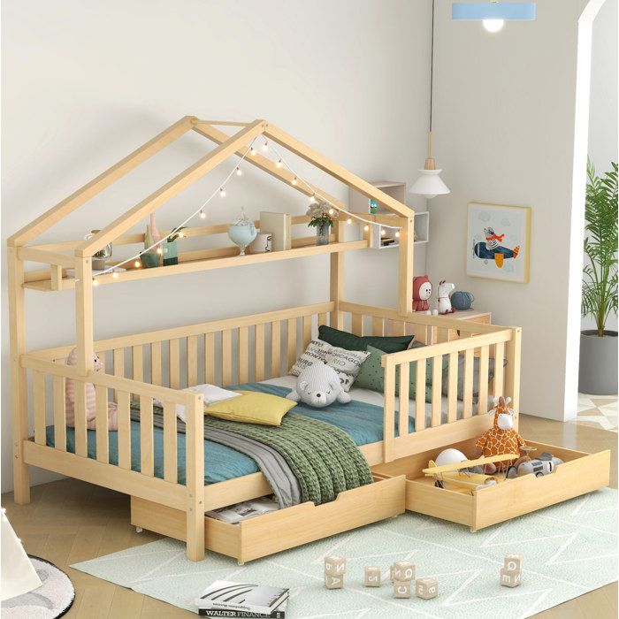 WOVREO Lit cabane enfant 90x200 cm en bois de pin et MDF avec 2 tiroirs étagère arrière et sommier