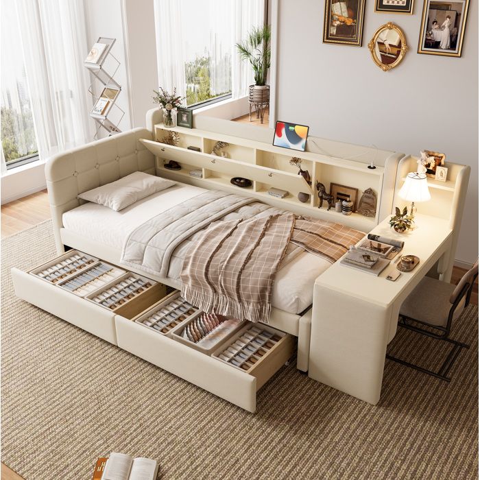 Lit combiné 90 x 200 cm beige avec bureau réversible 2 tiroirs rangements USB et USB Type-C