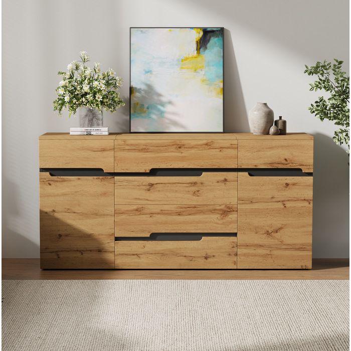 Buffet bas 160 x 40 x 80 cm en panneaux de particules aspect bois et noir 2 portes et 4 tiroirs