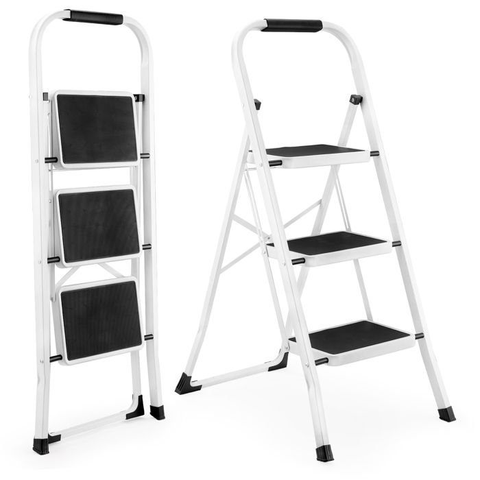 Modenuit escabeau pliant 3 marches avec main courante acier ABS noir et blanc