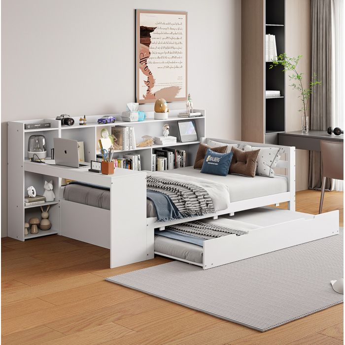 COVREO lit combiné 90x200 cm en bois massif avec bureau bibliothèque rangements lit gigogne et prise USB blanc
