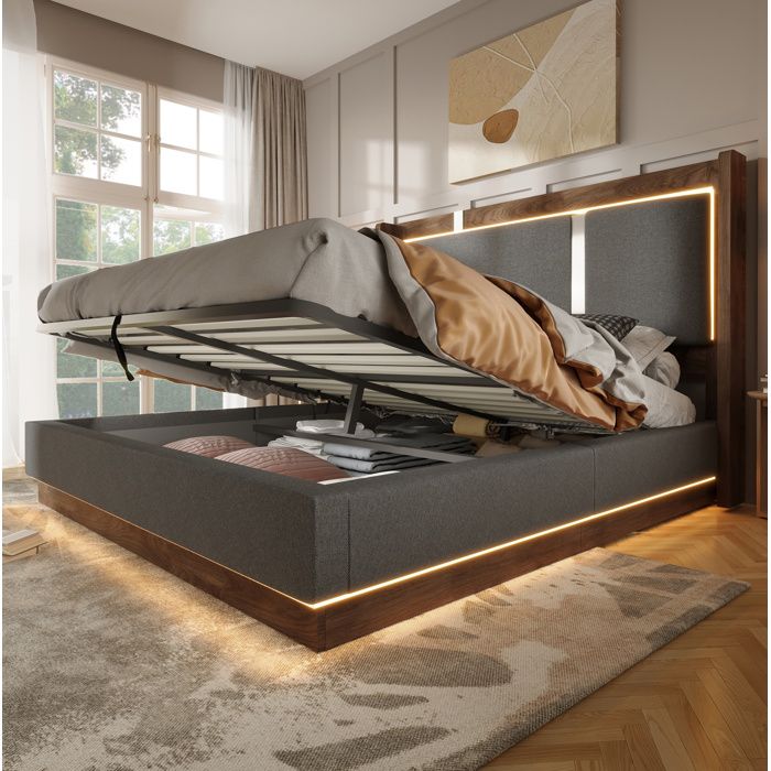 Lit double rembourré 140 x 190 cm avec sommier à lattes LED coffre hydraulique gris et noyer