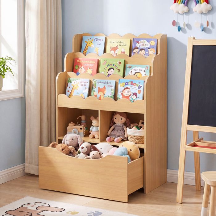 Bibliotheque Enfant-COSTWAY-5 Niveaux avec Tiroir sur Roulettes 2 Compartiments Ouverts Meuble Rangement Jouet 60 x 30 x 91 Naturel