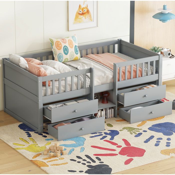 Lit mi-hauteur enfant simple 90×200 cm 4 tiroirs et barrière - ELVMI - sans matelas bois de pin et MDF gris