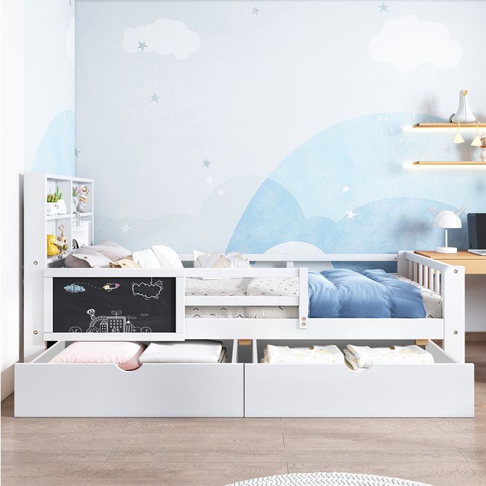 ROVRYN lit enfant 90 x 200 cm avec tableau noir 2 tiroirs étagères et barrières de sécurité blanc