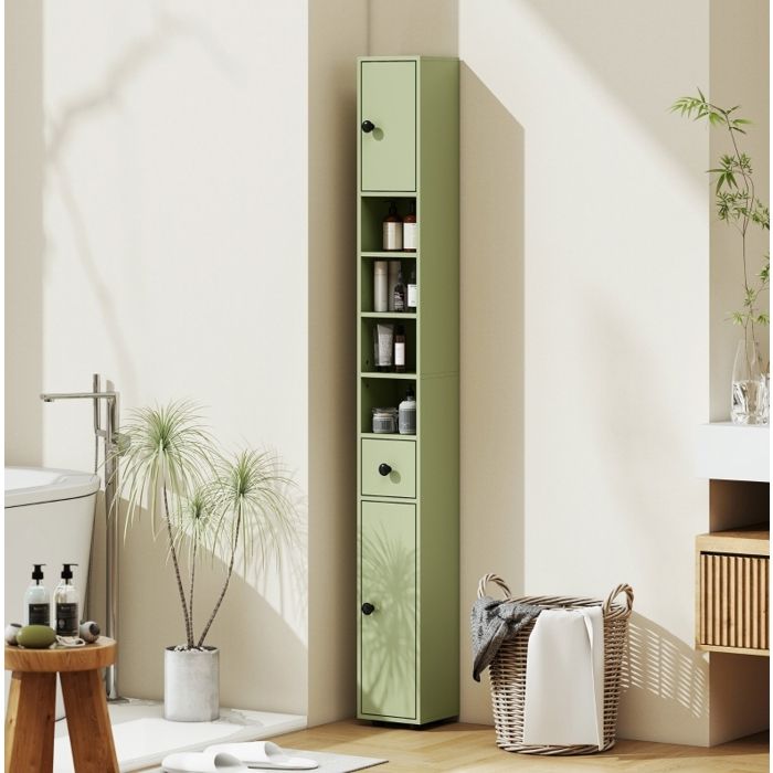 Colonne de salle de bain étroite verte 20 x 20 x 180 cm avec 2 portes 1 tiroir et 4 niches ouvertes