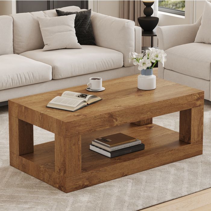 Table basse rectangulaire double niveau en MDF avec rangement ouvert - MODENVIE - Industriel aspect bois 93×53×46 cm