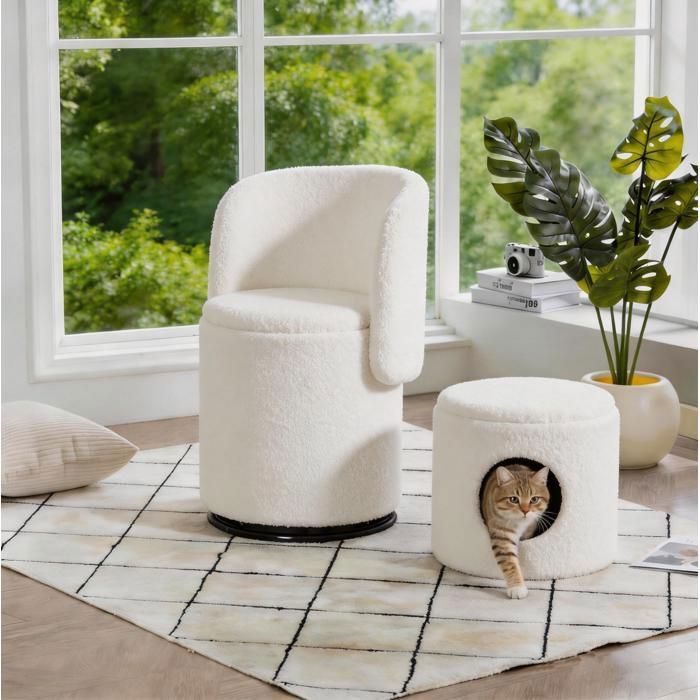 Fauteuil pivotant 360° avec rangement intégré - ELVMI - tabouret niche pour chat inclus tissu Fausse Peau Lainée blanc