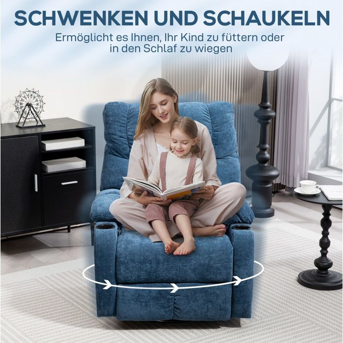Fauteuil Relax TV Bleu Foncé Fauteuil Inclinable Pivotant FloraGrace Pour Salon Sans Outils En 10 Minutes 88x96x108cm