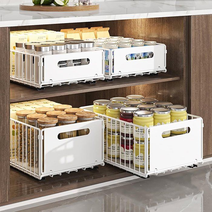 Lot de 2 Tiroirs coulissant sous evier télescopiques Blanc Etagères de rangement extensible pour placard de cuisine Petit + Grand
