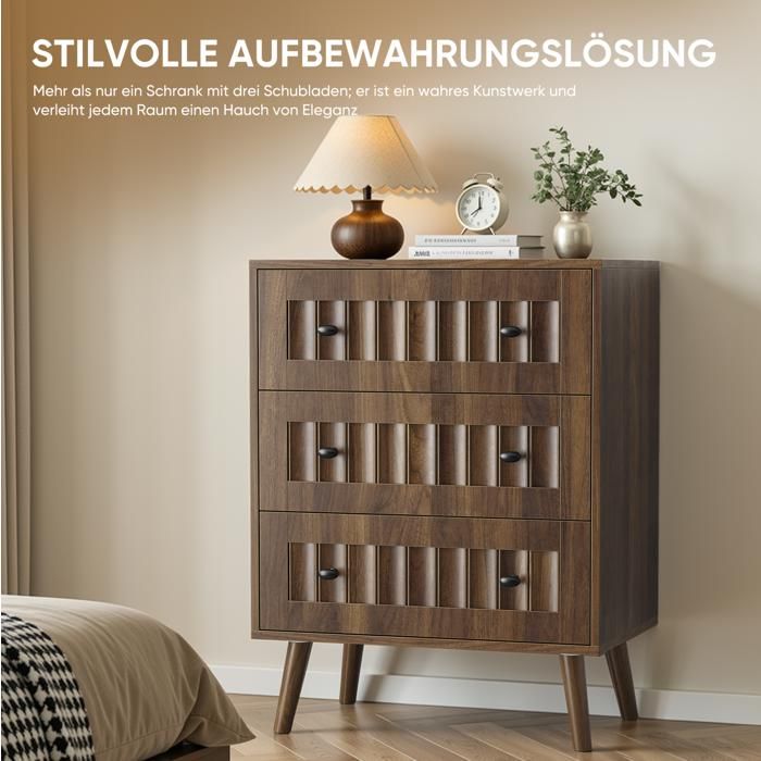 Commode 3 Tiroirs Façades Rainurées Poignées Noires - BEAUNIV - MDF Noyer pour Chambre Entrée 60×40×79 cm