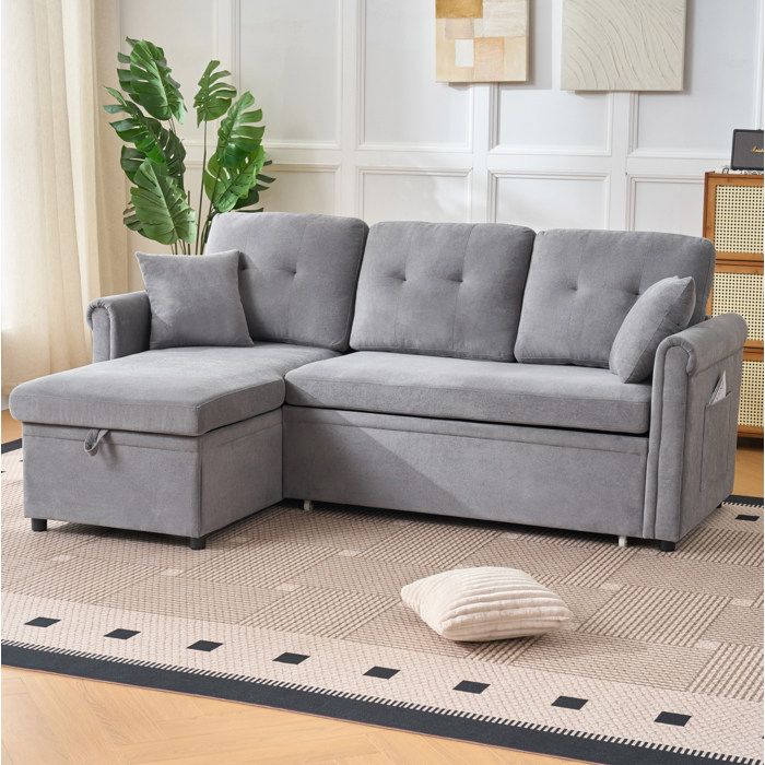 WUVRIE Canapé d’angle convertible 3 places réversible chenille gris avec coffre de rangement