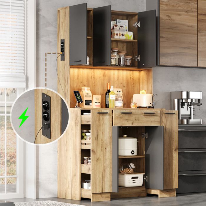 Colonne de cuisine LED RGB – meuble de rangement noir et bois – multiprise 2 AC + 2 USB – 100 x 40 x 180 cm