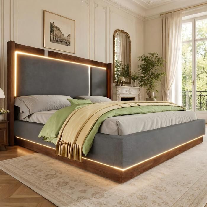 Lit coffre 180x200 avec LED -LEMONMAX coffre de lit hydraulique tête de lit tissu lin gris et finition noyer sans matelas