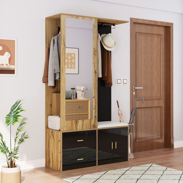 Meuble dentrée - ZEVKOR - 100×38×180 cm - miroir - tringle extensible - banc à chaussures