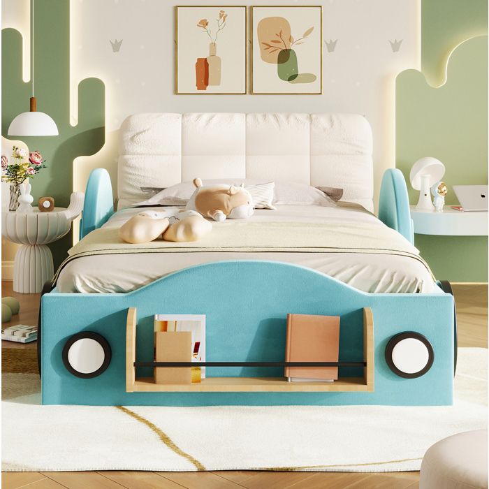 Lit Enfant 90x200 Cm Bleu Lit Adolescent Moderne FloraGrace Pour Chambre DEnfant Avec Coffre Hydraulique 215x101x62cm