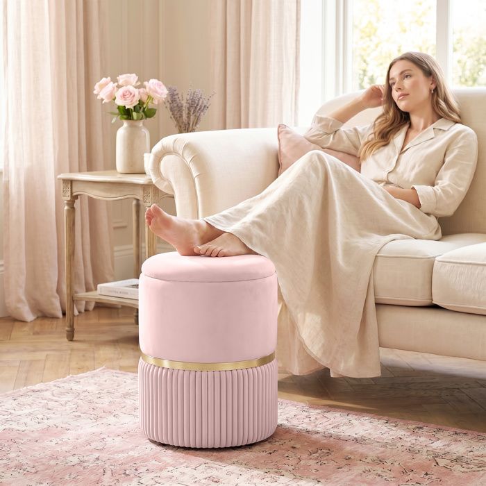 Pouf tabouret repose-pied coffre de rangement en velours côtelé 36 x 36 x 44 cm pour salon chambre rose