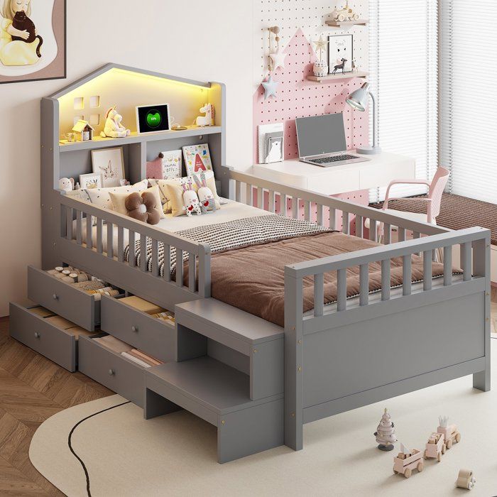 Lit enfant 90x200 avec 4 tiroirs de rangement échelle LED et ports USB pour chambre denfant