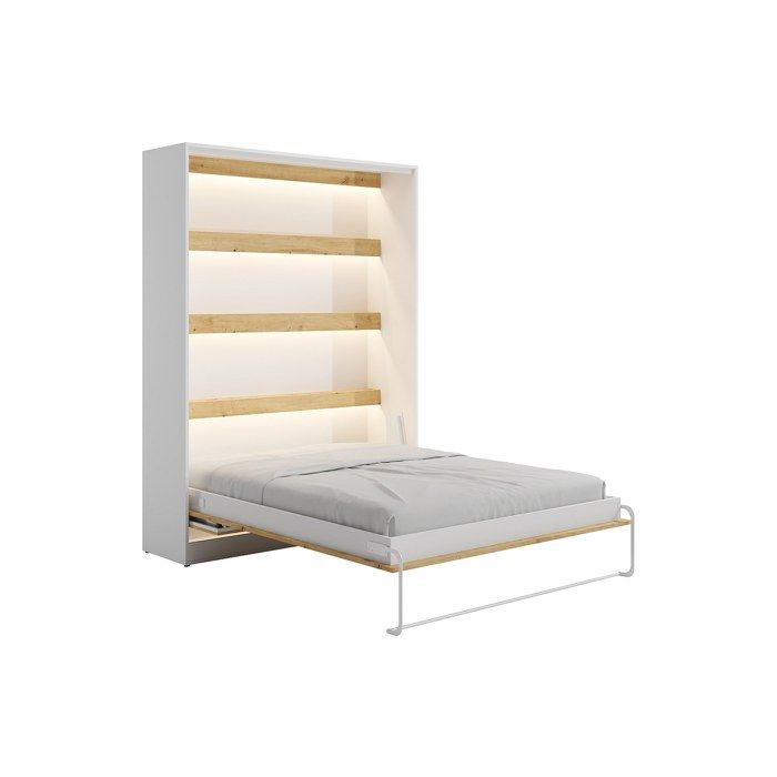 Lit escamotable 140 x 200 cm - Avec bureau pliable - Ouverture verticale manuelle - Avec LEDs - Blanc et naturel - RAPILI