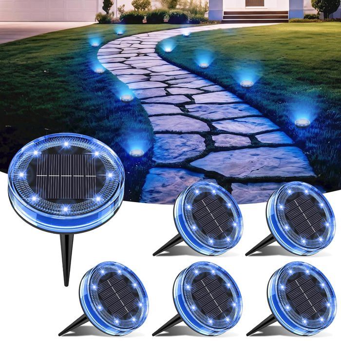 Lot de 6 Lampes Solaires Sol 8 LED IP68 Étanche - Spot Encastrable Extérieur Jardin Allée Terrasse Piscine - Bleu Froid