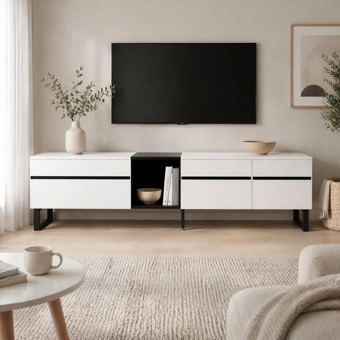Meuble TV bas 180 cm blanc en panneaux de particules niche ouverte abattant et pieds réglables Meuble TV bas 180 cm blanc en panneaux de particules niche ouverte abattant et pieds réglables