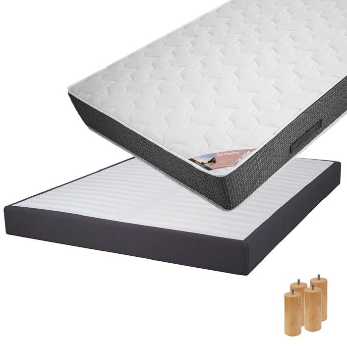 BERMUDES - Pack Matelas 140x190 + Sommier Tapissier Démontable 2x20 Lattes Anthracites + Pieds Bois 15cm BERMUDES - Pack Matelas 140x190 + Sommier Tapissier Démontable 2x20 Lattes Anthracites + Pieds Bois 15cm