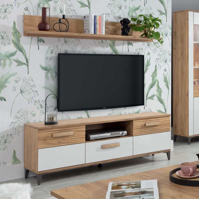meuble tv 2 portes battantes 1 tiroir chêne miel/blanc - apodis - bois - bois - l 155 x l 40 x h 56.5 cm - meuble tv