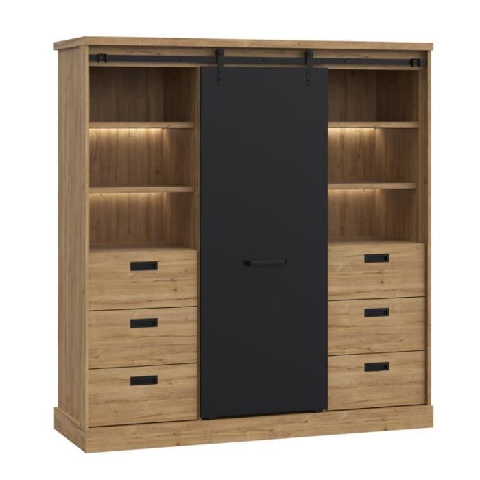 Vaisselier 1 porte 6 tiroirs décor chêne et noir éclairage LED - FARM