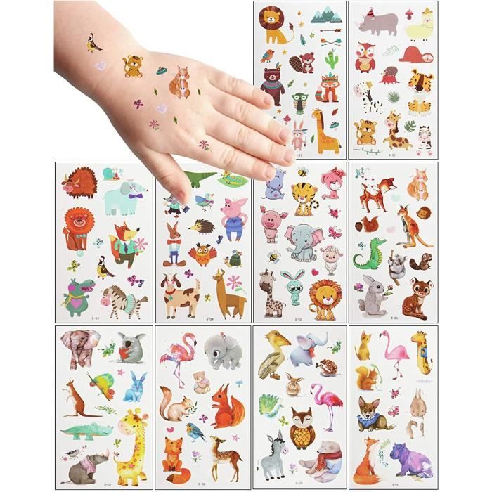 Tatouages Temporaires Enfants Animaux YOTINO 20 Pièces Stickers 3D pour Enfants Fleurs et Lettres Feuilles de Stickers pour Décoration Visage ou Petits Objets à Maison