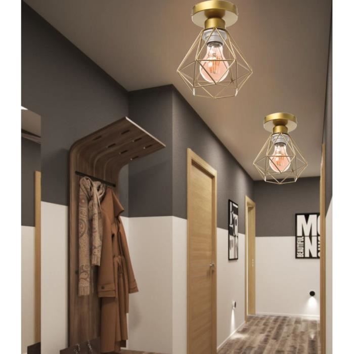 Plafonnier Exquis Moderne IDEGU - Fusion - Cage Diamant en Fer Forgé Doré - 2 Ampoules E27 - 40W