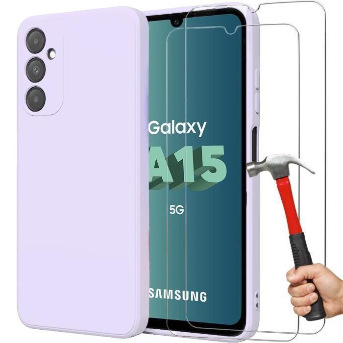 Coque + 2 Verres Trempés pour Samsung Galaxy A15 4G-5G, Protection Silicone Fine Léger Efficace Antichoc Violet