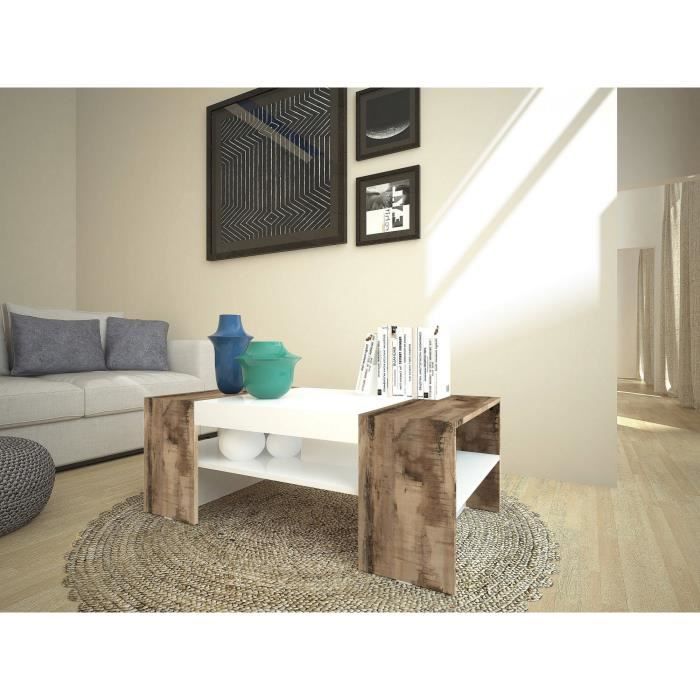 table basse - dmora - made in italy - 110x60h40 cm - blanc brillant et érable