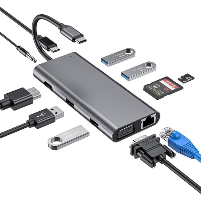 Hub USB-C 11-en-1 Double HDMI + VGA – 100W PD, Ethernet, 5 USB, Station D'Accueil MacBook Dell HP