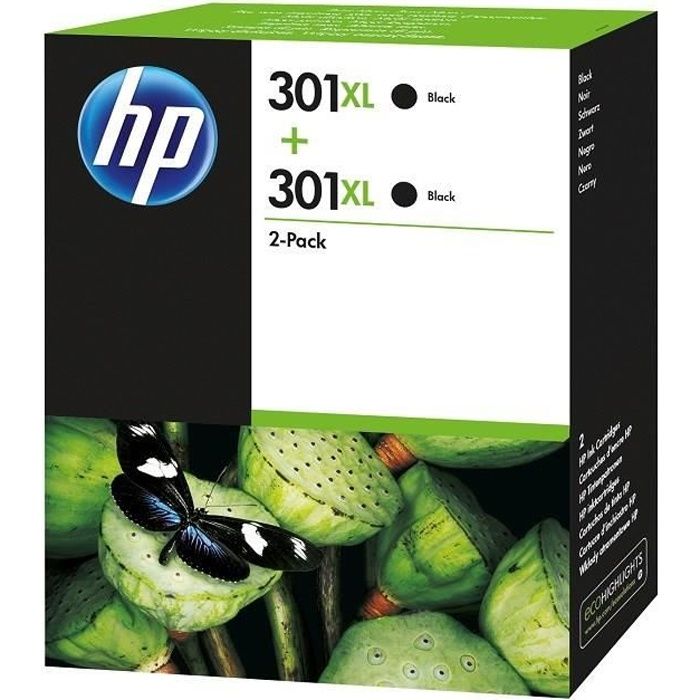 HP 301XL Pack de 2 cartouches d'encre noires grande capacité authentiques (D8J45AE)