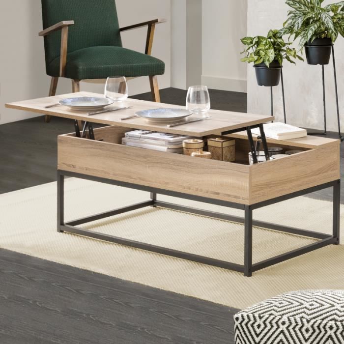 Table basse plateau relevable - IDMARKET - DETROIT - Style industriel - Laqué - Marron