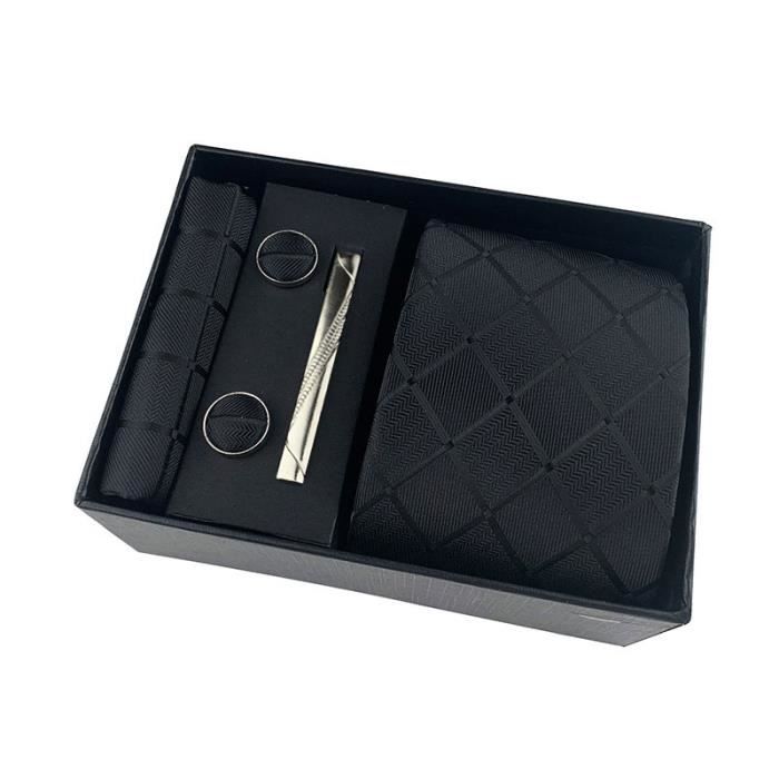 JUNMEISI Ensemble Cravate Noire Homme Dans Coffret Cadeau - Cravate 8cm Et Carré De Poche Noir Uni