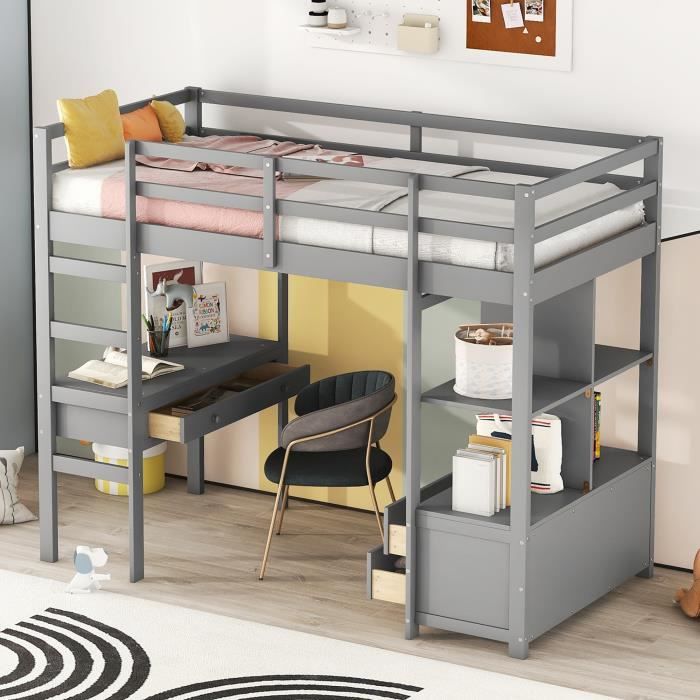 lit mezzanine enfant 90x200cm avec tiroirs et bureau - bois de pin - gris