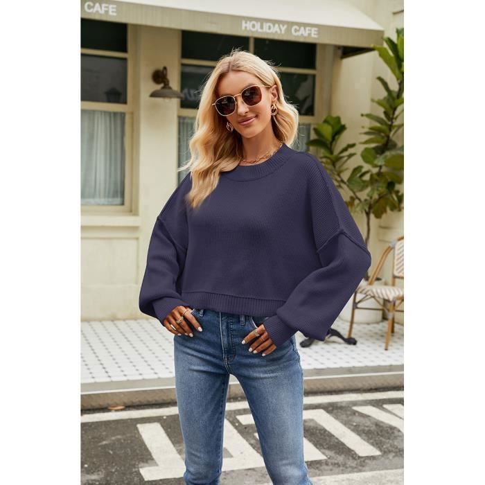 Pull Femme En Tricot Court Col Arrondi Manches Longues Epais Chaud